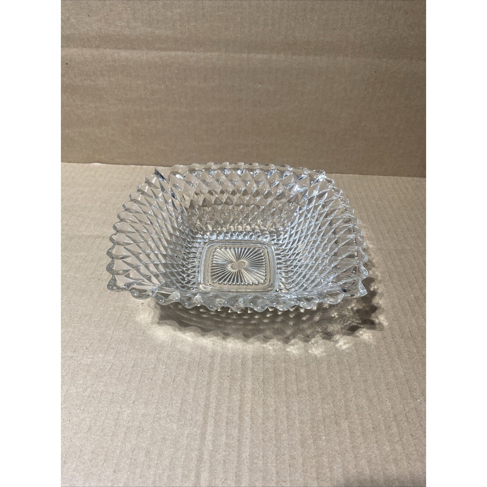 Vintage Indiana Glass Square Candy Nut Dish, Diamond Point